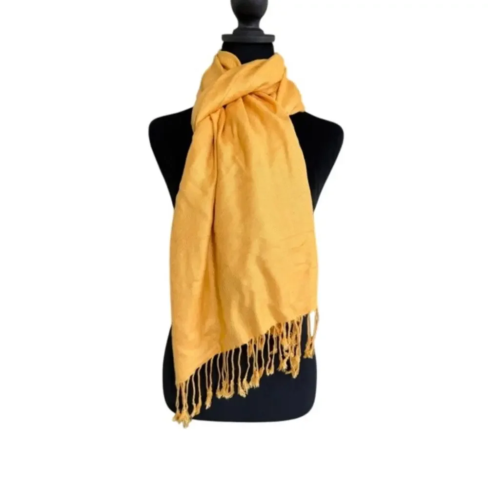 Pashmina Scarf Shawl Yellow Silk Blend Tassel Fringe Wrap Soft Quiet Luxury